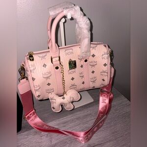 Pink Visetos Barrel Bag with Logo Strap